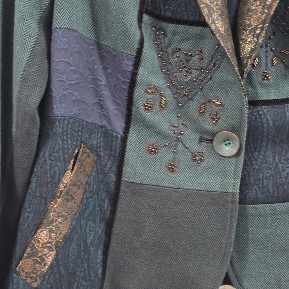 Coldwater Creek Embroidered Patchwork Blazer Jacket Womens P8 Blue Teal Metalic - Picture 3 of 14